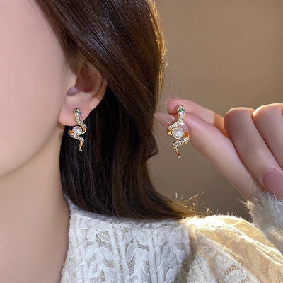 Exquisite Snake Bead Stud Earrings – Full Zircon Rhinestone Design for Women