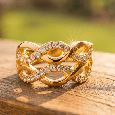 Gold ring with diamonds on a wooden surface with a blurred green background