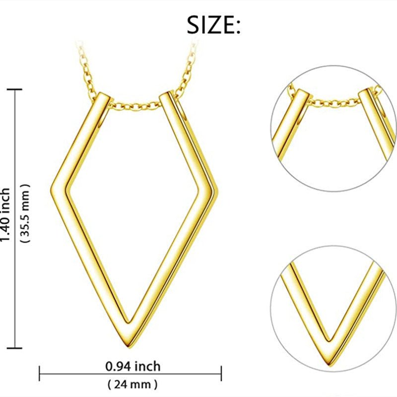 Gold necklace with geometric design, shown with measurements on a white background