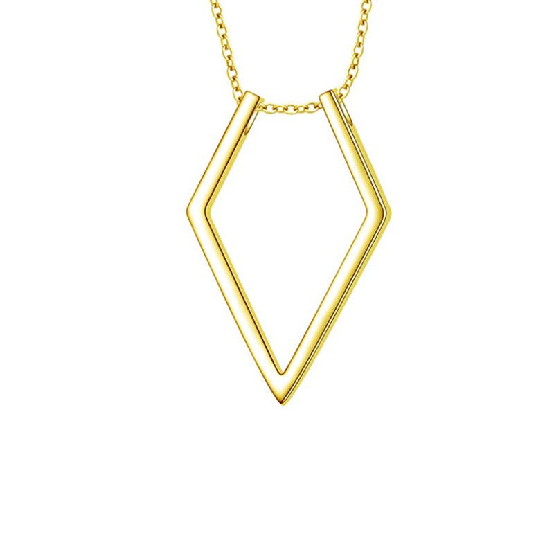 Gold necklace with a geometric pendant on a white background