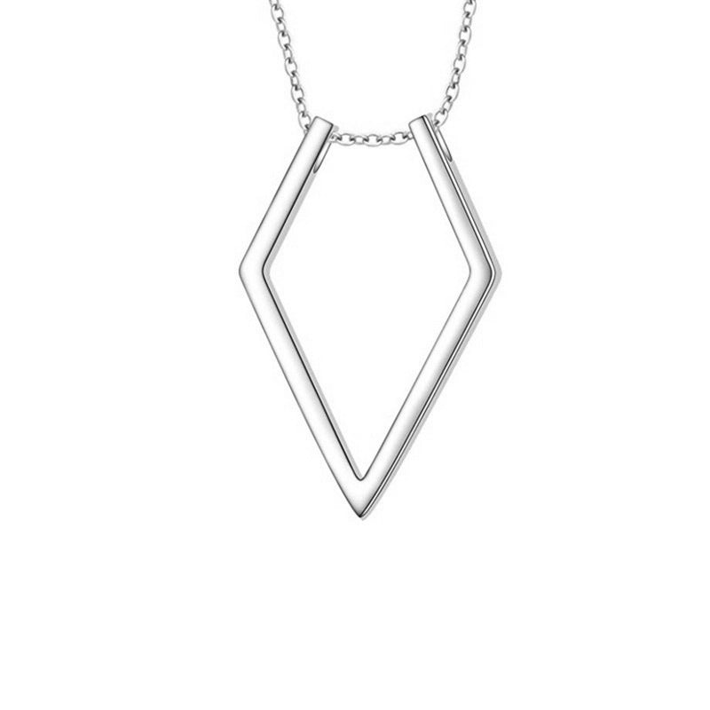 Silver geometric pendant necklace on a white background