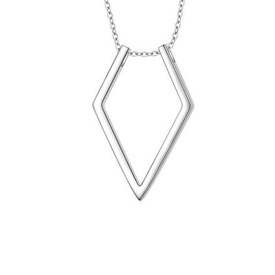 Silver geometric pendant necklace on a white background