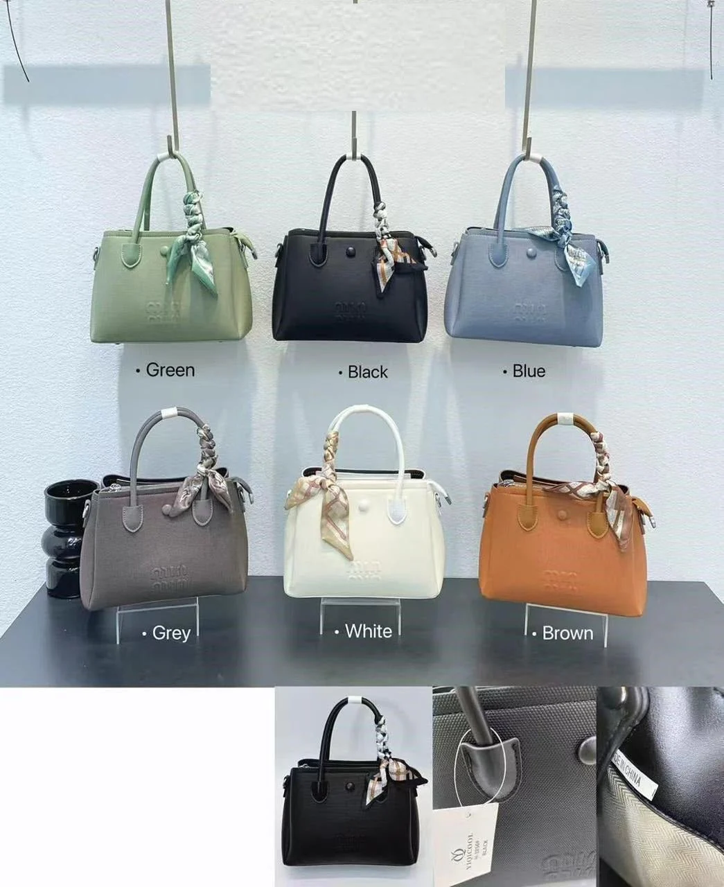 Collection of handbags in various colors with visible brand name on a white background